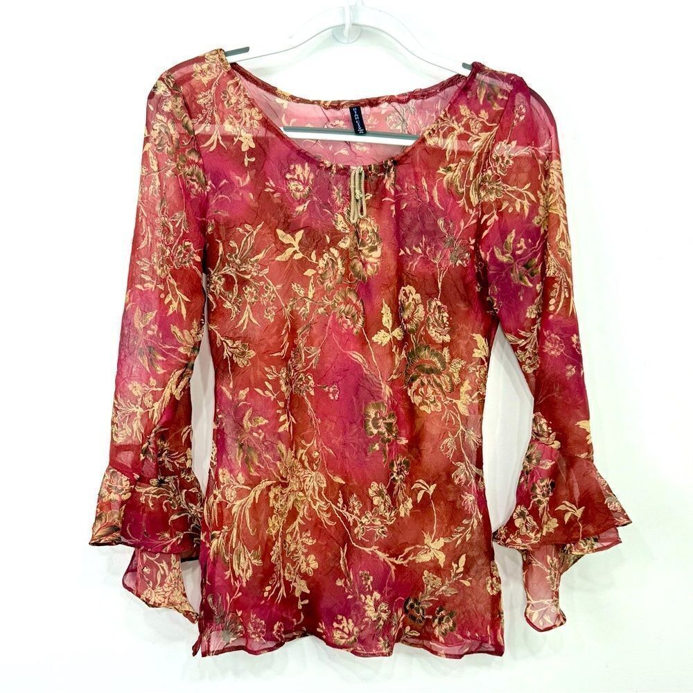Y2K Star City Rust Red Floral Semi Sheer Ruffle Cuff Retro 2000's Peasant Top